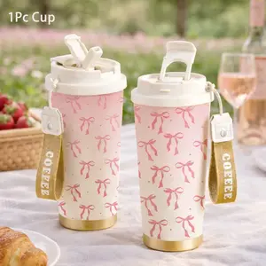 1 pc 18oz Cute Pink Bow Print Stainless Steel Tumbler with Straw & Handle, Insulated Water Bottle for Women, Girly Aesthetic Coffee Travel Mug, Leakproof Cup, Keeps Cold 24H Hot 12H, Gift for Girls or Bestie
