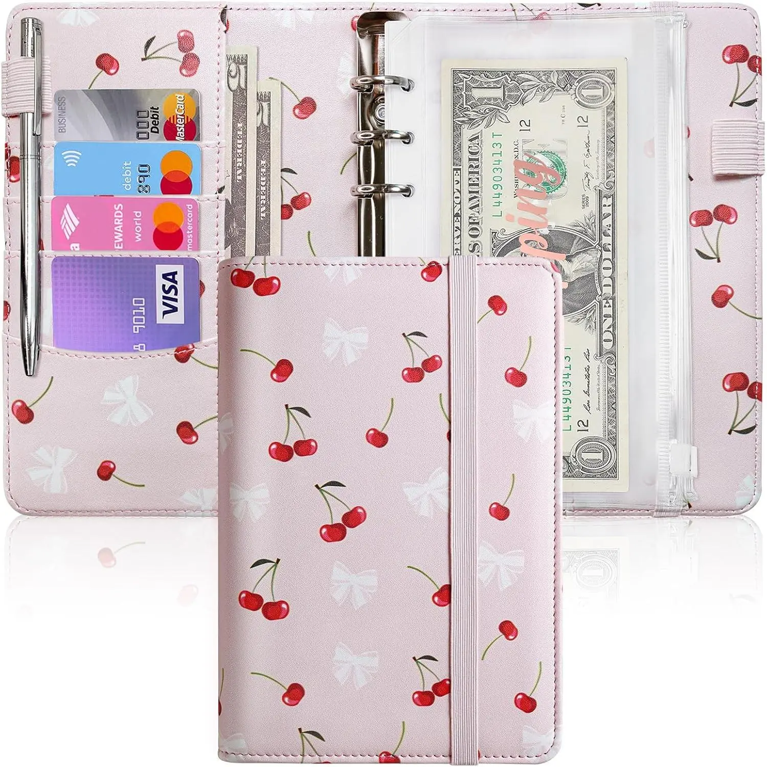 A6 PU Leather Durable Compact Budget Binder (Cherry Cream) - Accounting Supplies with 8 Envelopes, Budget Sheets, Customizable Labels, Zipper Pockets, Monthly Bill Organizer, Reusable Planner, Expense Track Tool, Portable Christmas Gift for Family