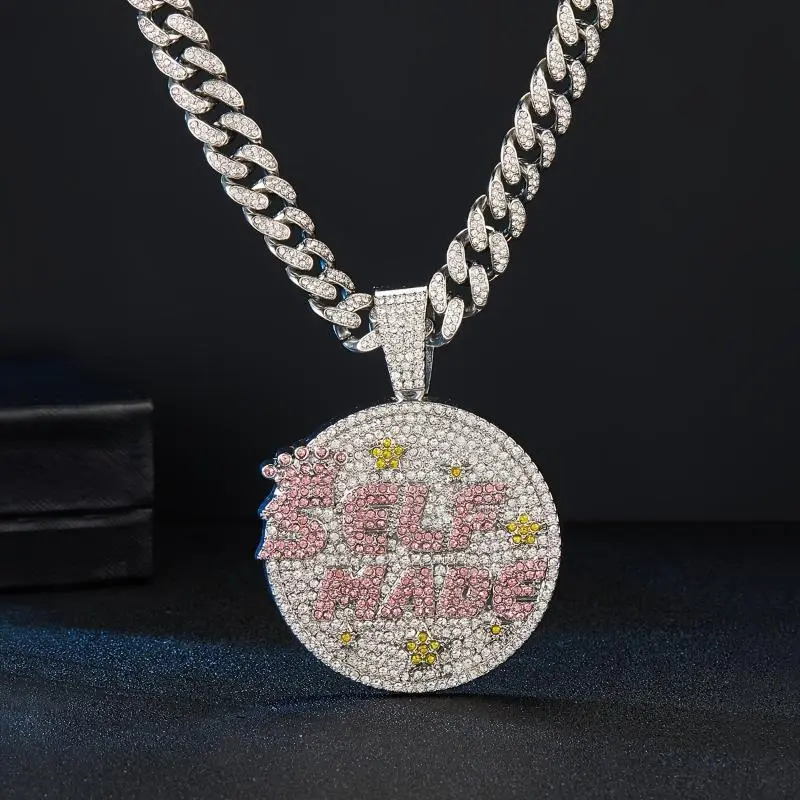 2pcs Iced Out Street Style Full Rhinestone Round "SELF MADE" Words Pendant with Iced Out Miami Cuban Chain Bling Rhinestone Pendant Necklace 2pcs Iced Out Street Style Full Rhinestone Round "SELF MADE" Words Pendant with Iced Out Miami Cuban Chain Bling Rhinestone Pendant Necklace