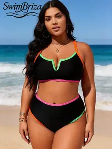 Briza｜Sporty Two-Piece Swimsuit In Black Neon Trim, High Waisted Bikini Sets With Supportive Bikini Fit, Bathing Suit Women Set For Plus Size Swimsuits, Plus Size Swimwear, Swimsuits 2 Piece, Vacation Swimwear For Women, Beach Confidence