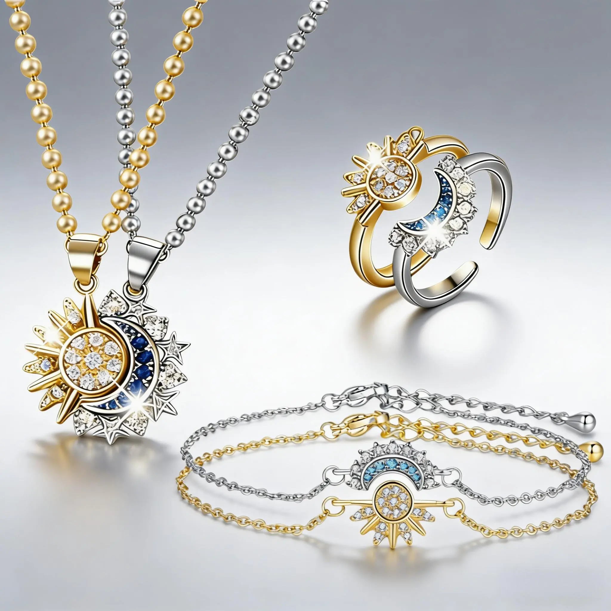 Sun and Moon Jewelry Set for Women, Matching Necklace Bracelet Ring Set, Celestial Crystal Jewelry Collection, Fashion Gift Set for Her