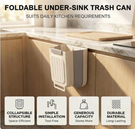 Foldable Kitchen Trash Can – Space-Saving Hanging Garbage Organizer, 1 Count, White/Gray, 27.5x25x4cm, Durable PP Material, Easy Install, Versatile Use for Home & Travel
