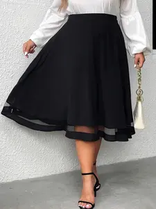 Plus Size Contrast Mesh Flared Skirt, Flowy Stretchy Flared Skirt, Casual Elastic Waist Midi Skirt for Summer, Women's Bottoms for Daily Wear