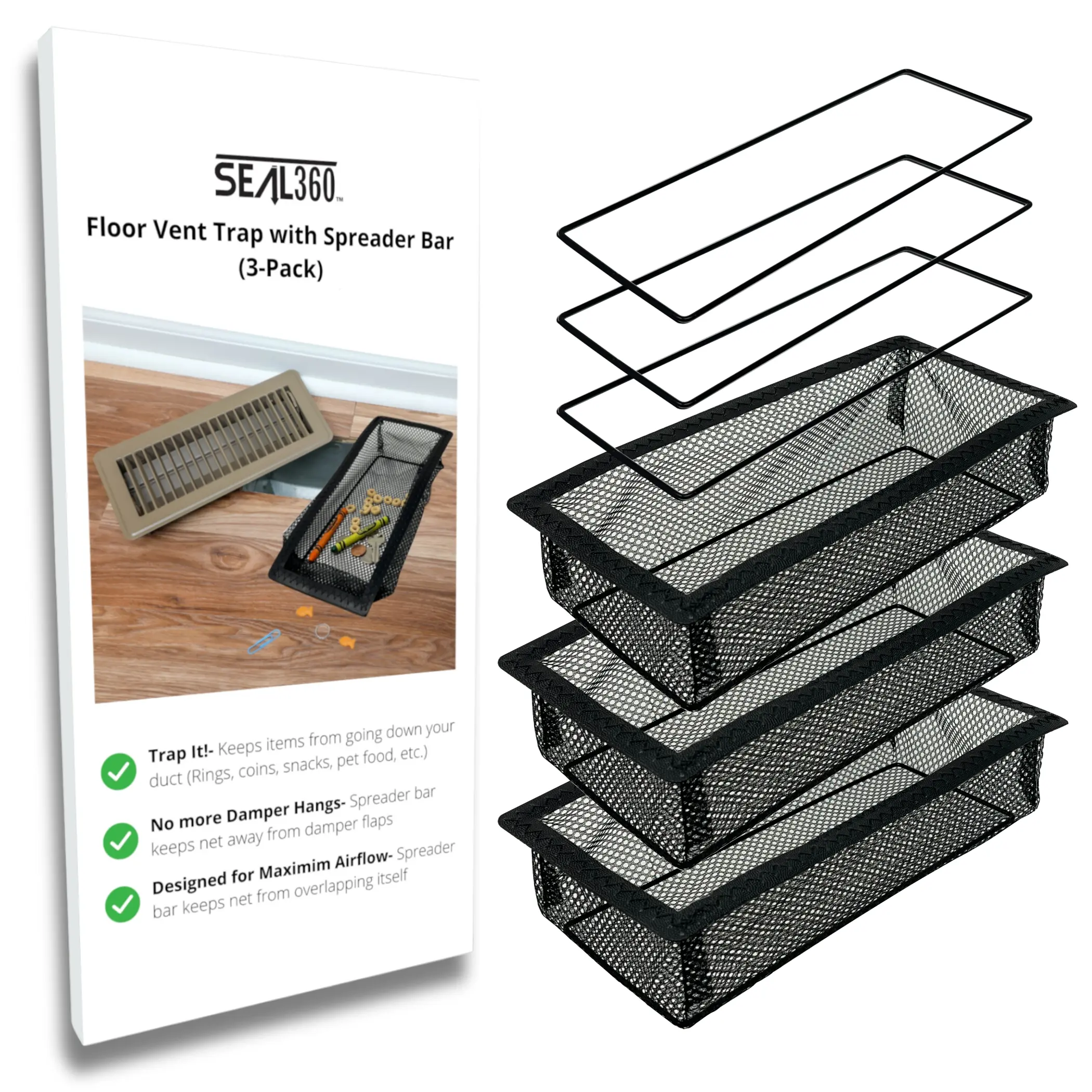 SEAL360 Floor Vent Screen Net | Air Vent Filter Mesh Catches Toys Snacks Pet Hair and Pet Food | Keeps Bugs Out | Patented | 4”x10” (3-Pack)
