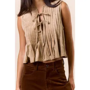 Sleeveless Suede Tie-Front Top: Brown