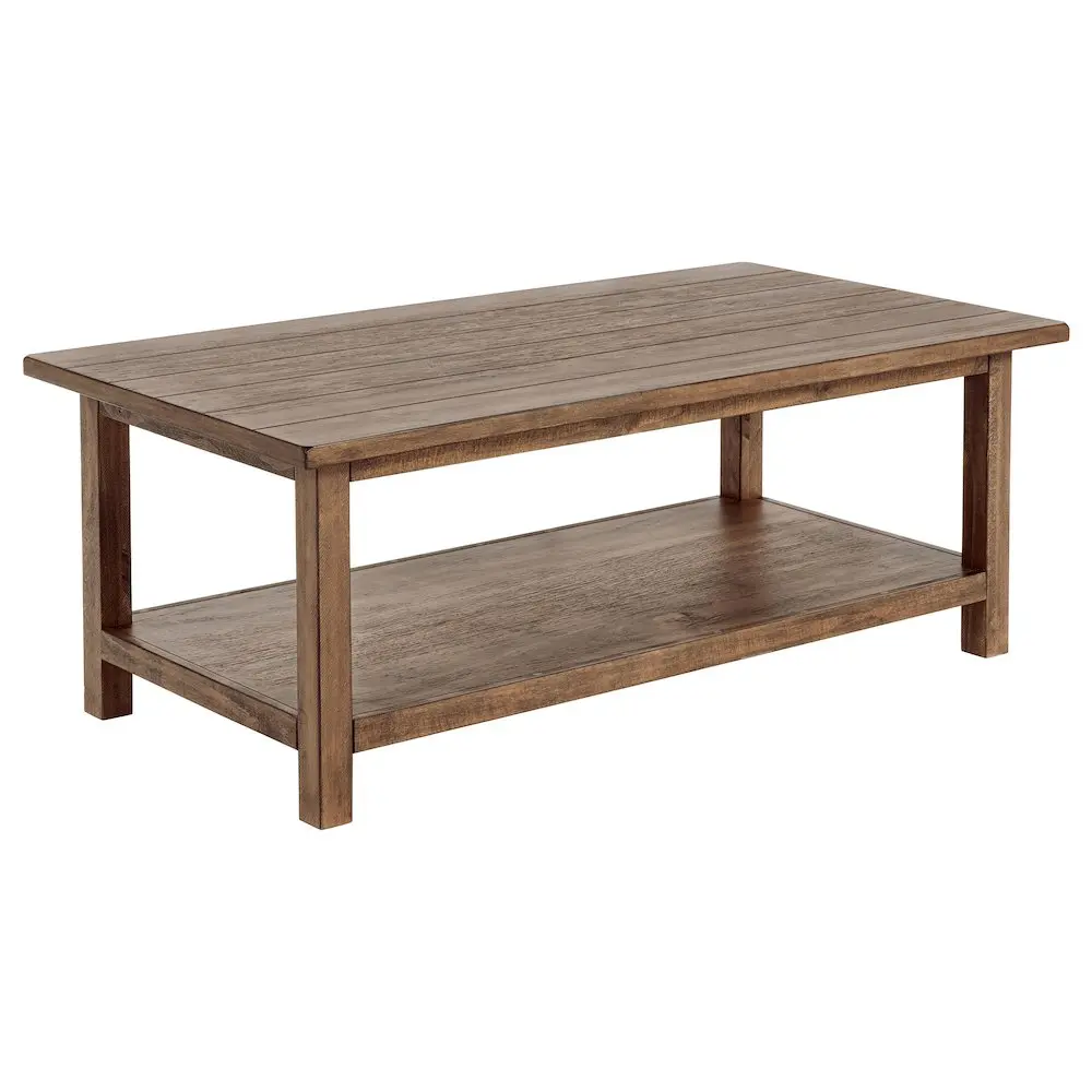 Payne Rustic Distressed Brown Wooden Flat Rectangle Coffee Table with Grain Accents, Lower Shelf, Indoor Living Room Entertainment Furniture