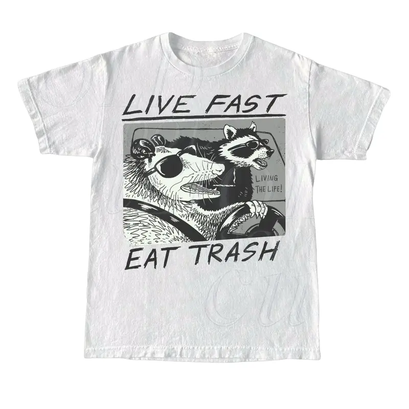 Women's 90s Retro Cotton Crew Neck Short-Sleeve Washed Graphic Print T-Shirt - Cute Opossum/Raccoon Design, Relaxed Fit, Soft Fabric, All-Day Ease, All Seasons, Casual Days, Easy to Style, Machine Washable, Normal Type, Cold Wash, Do Not Dry Clean