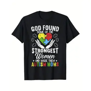 Autism Moms Graphic Cotton T-Shirt - "God Found the Strongest Women and Made Them Autism Moms" Design, Casual Round Neck Short Sleeve Tee for Women, Perfect for Summer Outdoor Activities or Gifts