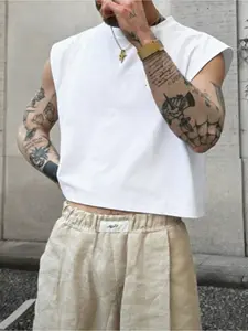 Men's White Cropped Sleeveless Top, Streetwear Minimalist Design, Lightweight And Comfortable, Suitable For Summer Daily Wear And Street Styling