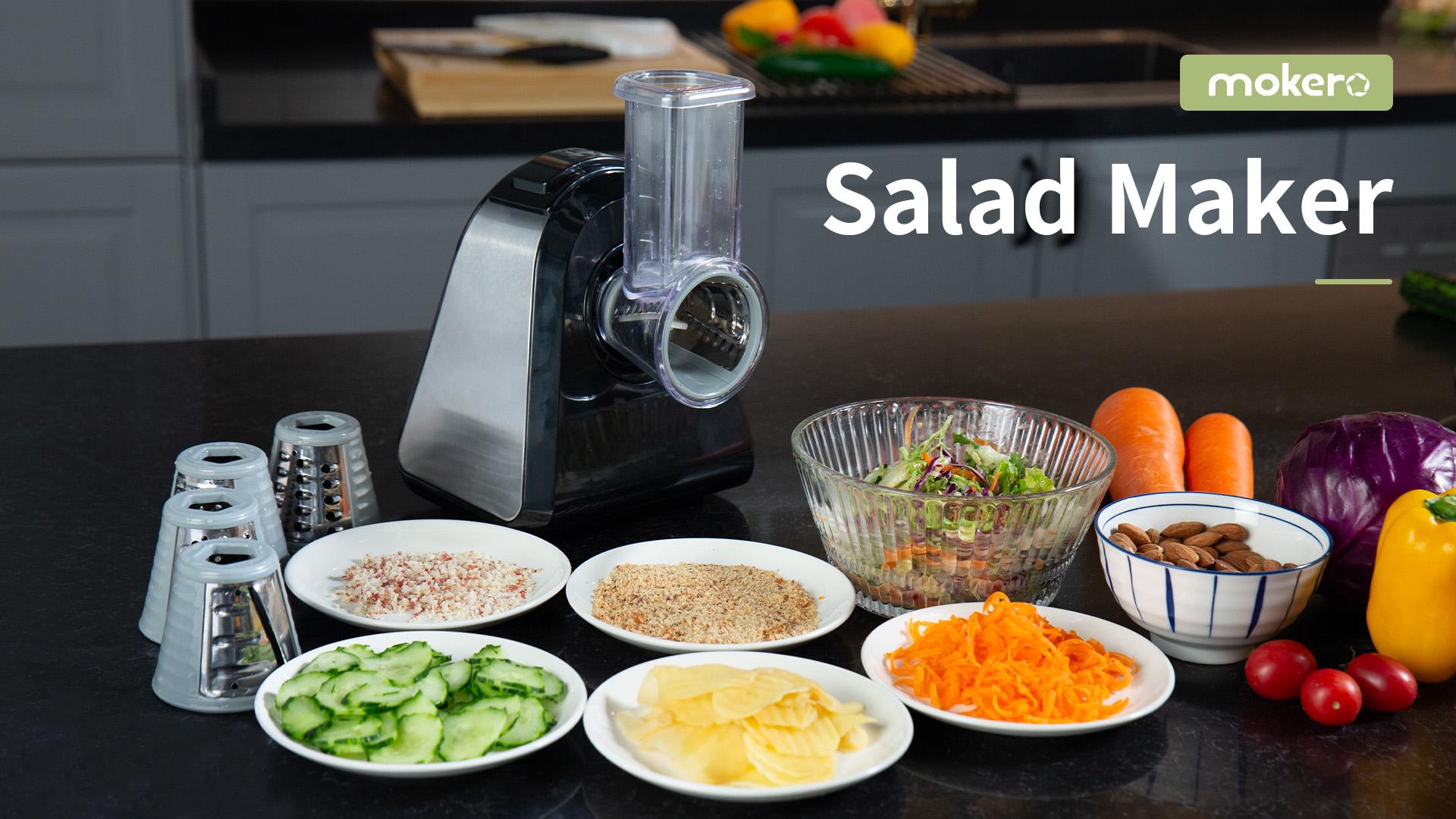 Mokero 5-in-1 Electric Cheese Grater Salad Shooter – Stainless Steel, 150-199w Power, Auto Operation Corded Device for Block Cheese, Vegetables, Nuts (Grates & Slices, Shreds, Chops) Home Kitchen Appliance, Home Kitchens