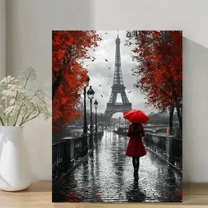 A Canvas Wall Art with Frame - Paris Street Scene, Including Eiffel Tower, Woman with Red Umbrella and Autumn Leaves, Black and White with Red Lining, Wooden Frame, Ready-to-Hang Home Decoration, Paris Room Decoration, Artistic, Romantic Painting