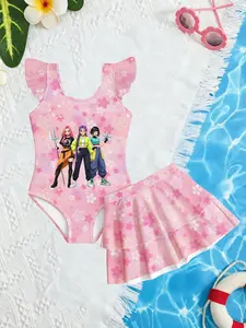 Girls' Anime Style Swimsuit Set, Cute All-Over Print Design, Slim Fit Two-Piece Swimwear, Perfect for Beach & Pool Fun