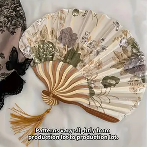 Elegant Vintage Ink Painting Flower Design Folding Fan with Tassel - Portable Chinese-style Dance Craft Fan