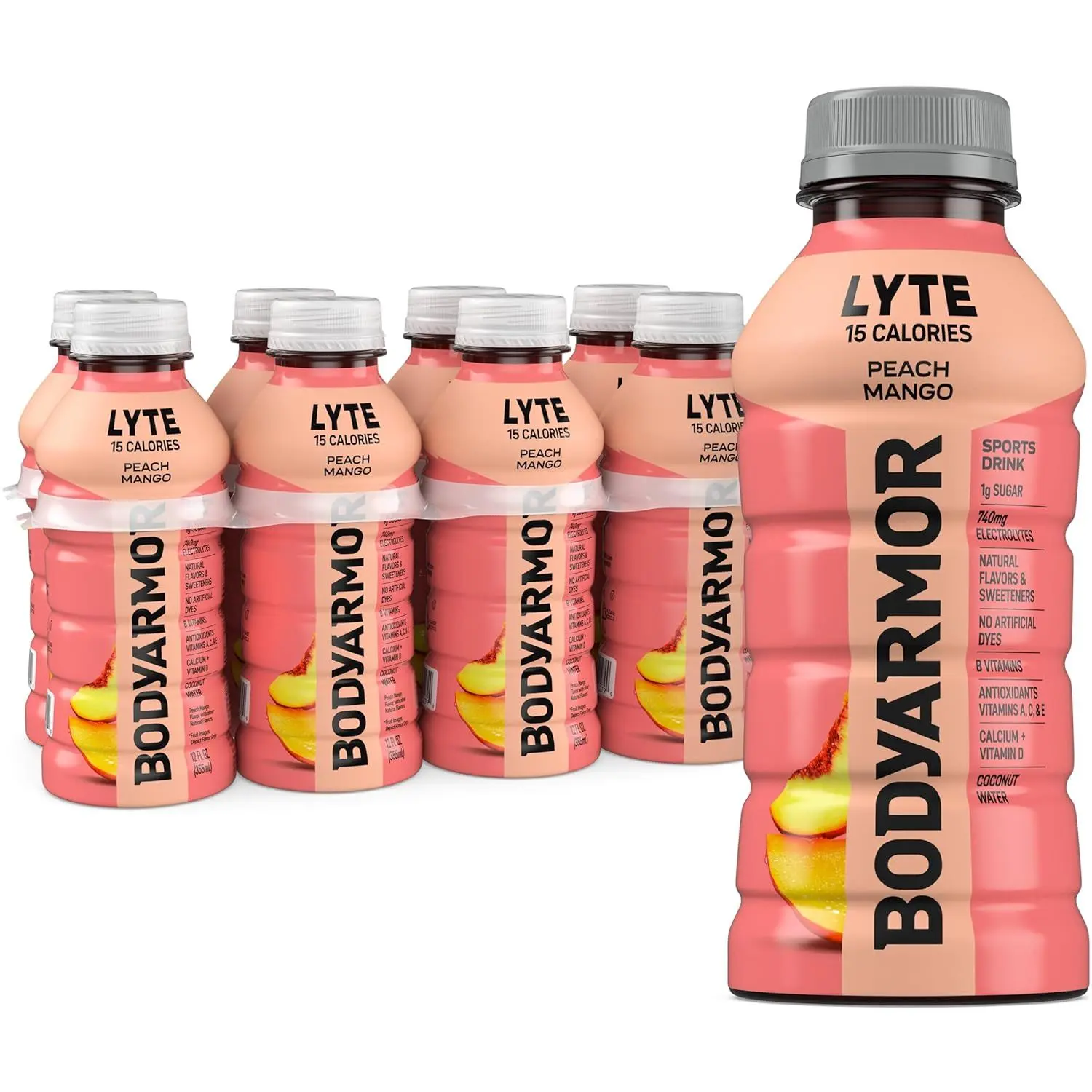 BODYARMOR LYTE, Peach Mango, Electrolyte Drink, 20 Calories, 16 Fl Oz Bottles (6 Pack), Coconut Water Sports Drink, Natural Flavor & B Vitamins
