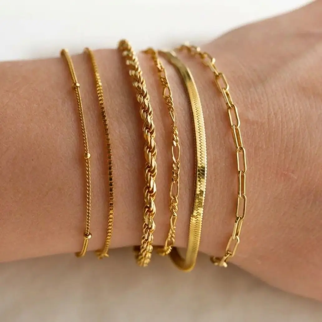6PCS Waterproof 14K hypoallergenic Gold Jewelry Set for Women – Trendy Thin Dainty Stackable Cuban Link, Paperclip Chain Bracelet Pack, Fashion Accessories Gifts for Women non-tarnish Christmas Gift