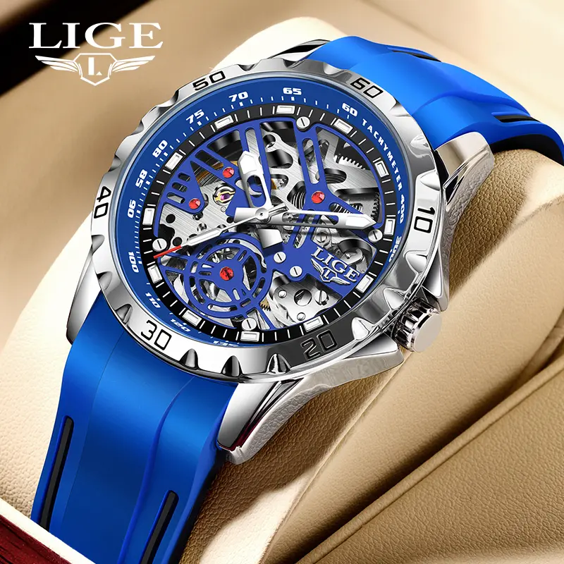 LIGE Men's Fashionable Stylish Watch, Sporty Trendy Wristwatch with a Round Skeleton Face, Ideal Holiday Gift, Luminous Dial, Sporty Look, 43Mm, Men's Watches, Round Shape, Analog, Alloy Wrist Watches