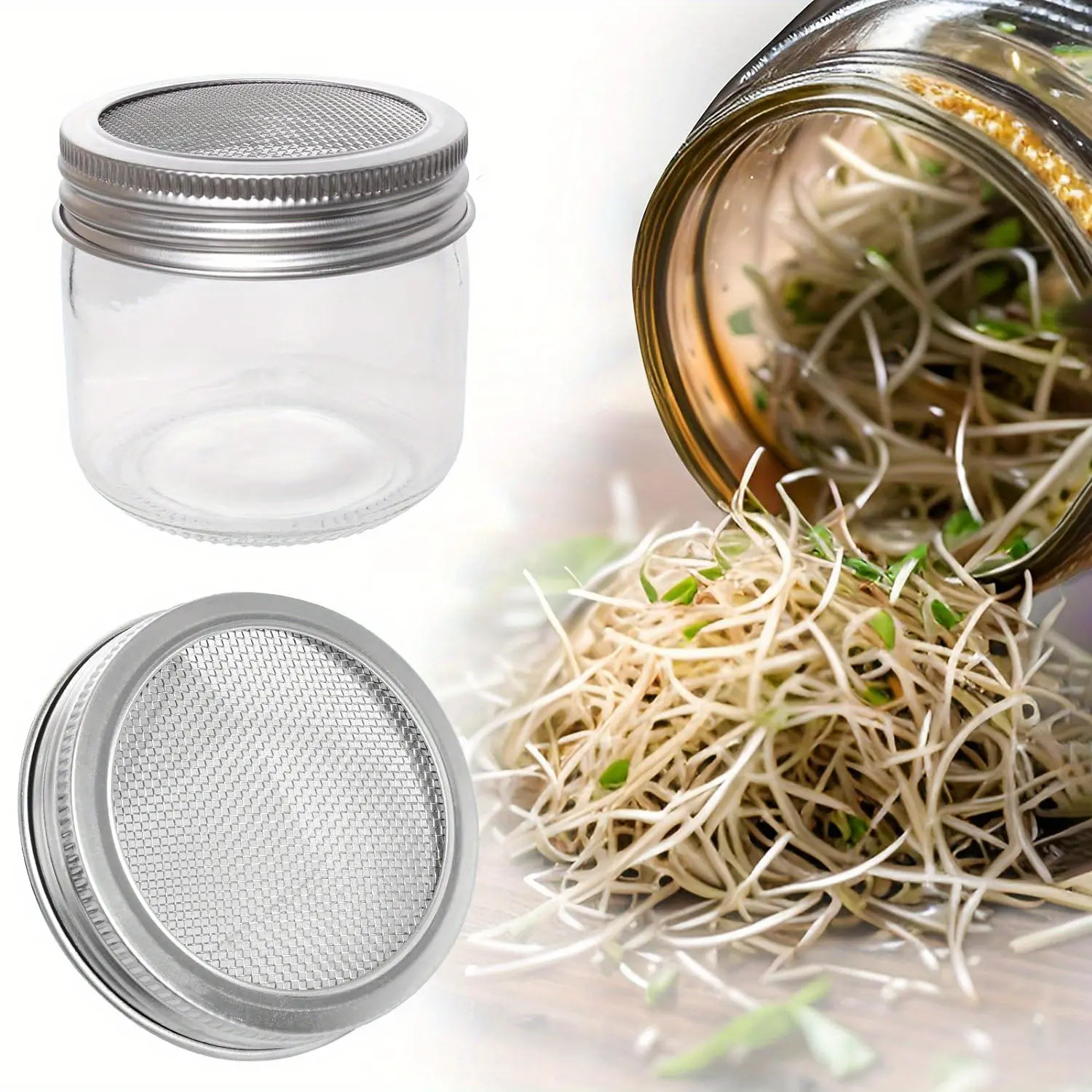 4-Piece Mesh Filter Jar Set, Stainless Steel Sprouting Jar with Wide Mouth Mason Jar Lid, Kitchen Storage Food, Reusable Containers, Ideal for Beans Seeds and Salad Growth, Food Storage Container