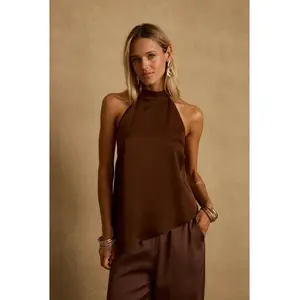 12th Tribe Women's Chic Sleeveless Linden Mocha Asymmetrical Halter Top, Comfortable Fabric Blouse
