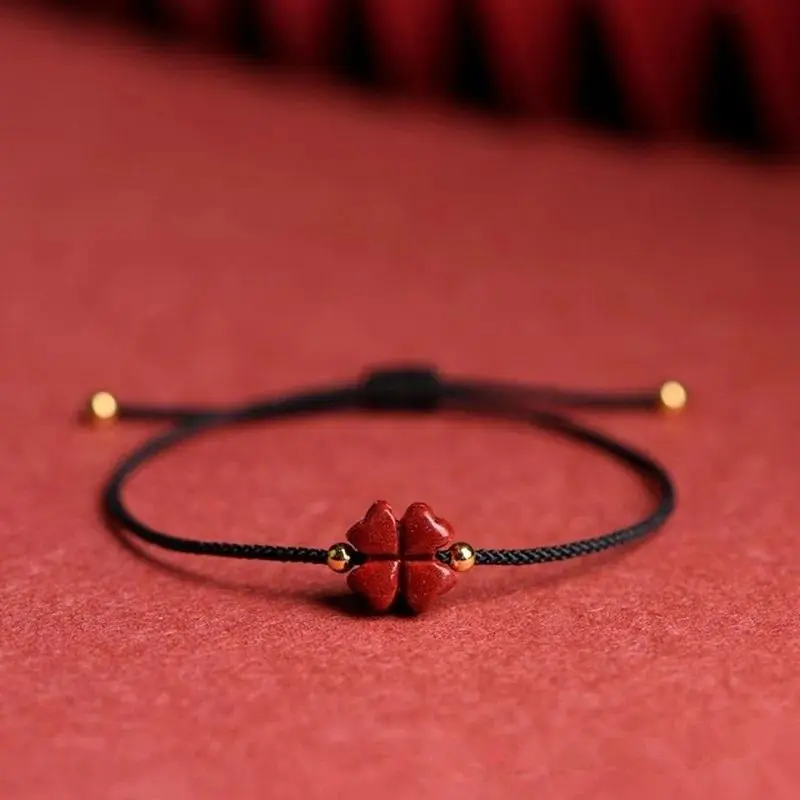 Natural Purple Cinnabar Lucky Clover Handmade Red Rope Lucky Bangle Women Men Lucky Bracelet Size Adjust Drop Shipping