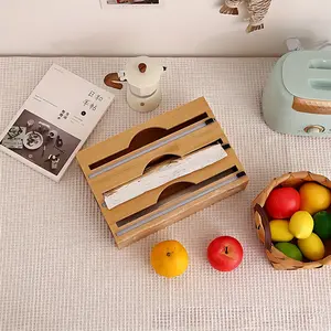 1pc 3 in 1 Aluminum Foil Dispenser with Cutter and Labels, Bamboo Holder for Kitchen Use, Wax Paper Organizer for Drawers, Kitchen Utensil Organizer