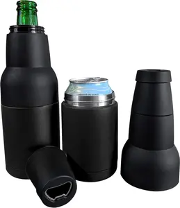 [Summer Essentials] 12oz Universal Beer Bottle Holder Double Walled SS Beer Bottle Cooler 3 in 1 Can Koozie with Beer Opener Vacuum Insulated - fit Fishing,Camping Outdoor Activities and Nice Gift for Men(Black)