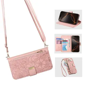 Flap Leather Wallet Phone Case with Floral Pattern, 6 Card Slots Portable Pouch for Cash and Credit Cards for iPhone 12-17 Series, Gift for Girls