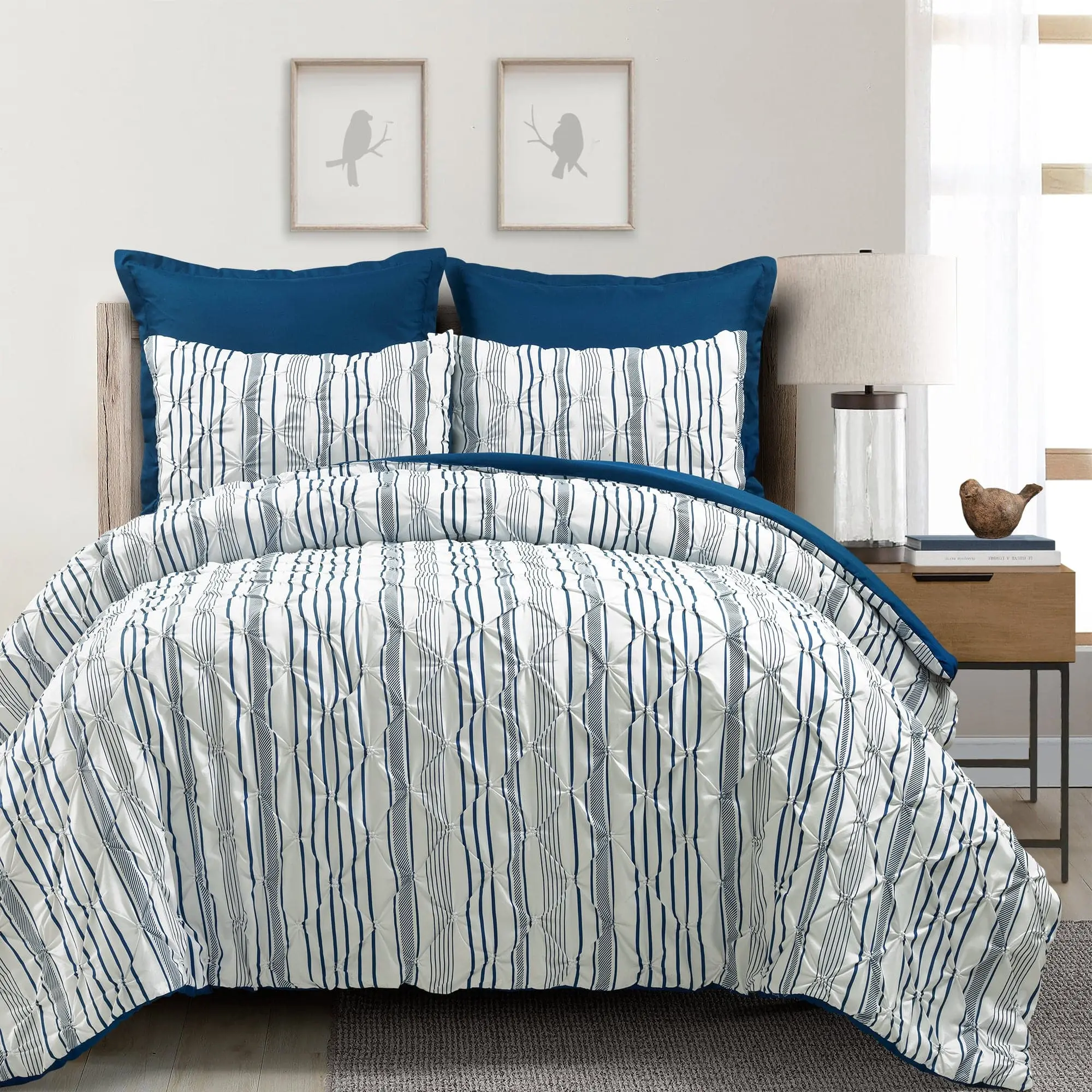 Lush Decor Ravello Pintuck Stripe 5 Piece Comforter Set - Textured Pintuck Pattern, Printed Stripes, Full/Queen Size, OEKO-TEX Certified, Farmhouse Style Bedding