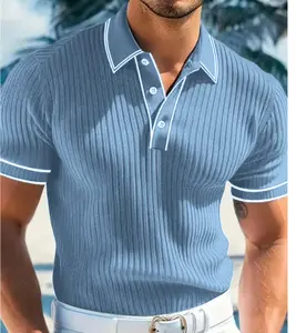Men's Ribbed Knit Polo Shirts Short Sleeve Casual Golf Shirt Contrast Collar Summer Lightweight Button Down Tops