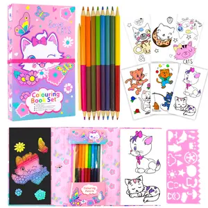 Pink Sheep  Cat Color Book Kit, Unicorn Color Book, 30 pages of coloring, 10 rainbow scratch paper, 16 colored pencils for drawing, ideal gift for art and crafts.