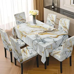 5/7 Pcs White Gold Marble Texture Tablecloth & Chair Cover Set, Modern Luxury Minimalist Aesthetic Style, Stretch Full Wrap Removable Washable Dining Chair Slipcover, For Family Home, Daily Dining, Holiday Gathering, Birthday Party Decor