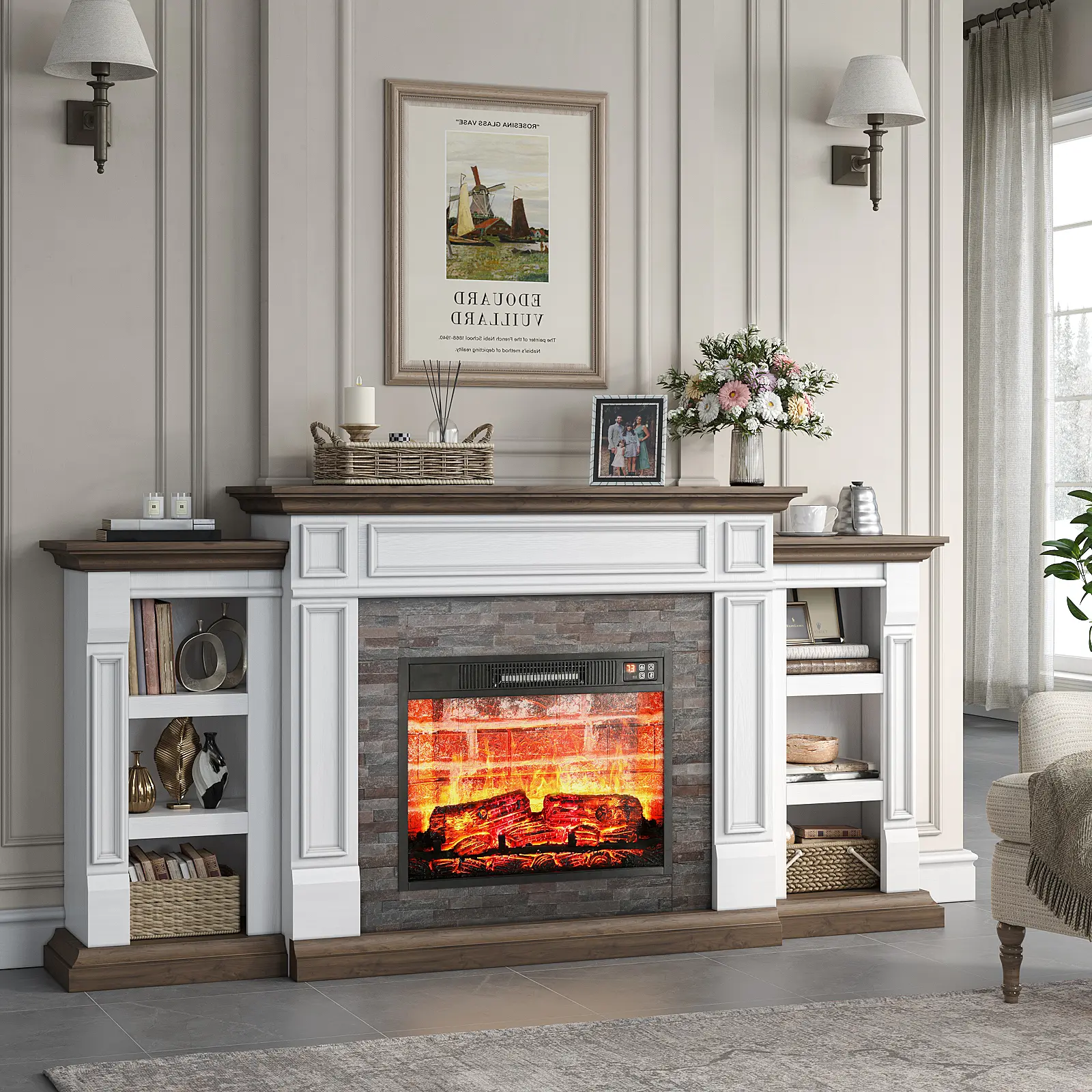 【2 Packages shipped] LGHM 72" Electric Fireplace with Mantel, Fireplace TV Stand for TVs Up to 80 Inch, Farmhouse Entertainment Center with Storage, Fireplace Heater Insert with Realistic 3D Flame for Living Room,Bedroom，Traditional Fireplace Mantel