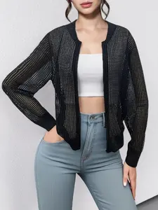 Women's Hollowed-out Mesh Baseball Collar Cardigan, See-through Baseball Jacket, Loose and Cropped Fit, Hollowed-out Design, Zipper Closure, Lightweight and Breathable, Suitable for Daily Layering