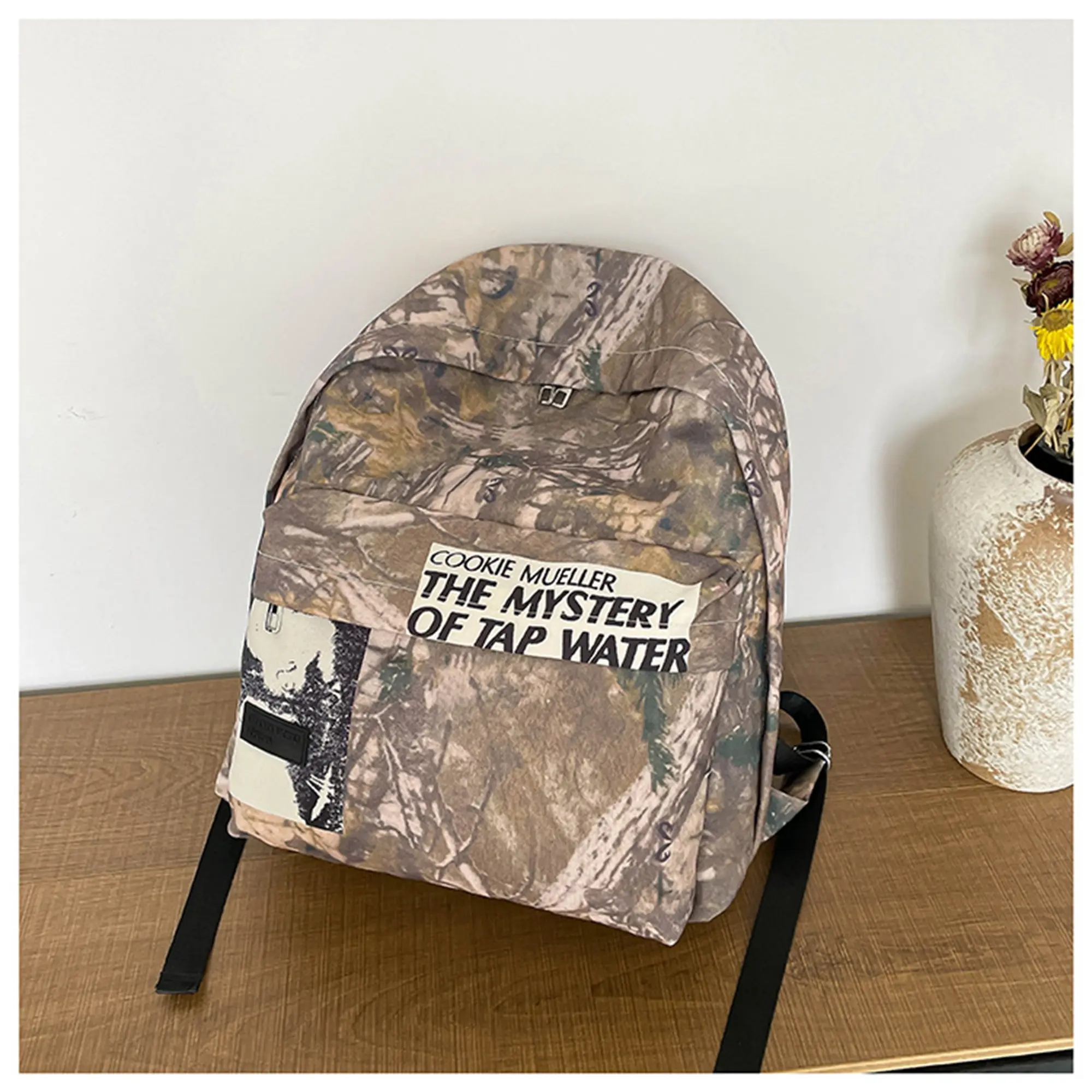 ERD Retro Tree Branch Camo Canvas Backpack - Graphic Letter Print, Large Streetwear Daypack, Vintage Forest Camo Style for Teens & Adults (Luggage & Bags, Functional Backpacks)