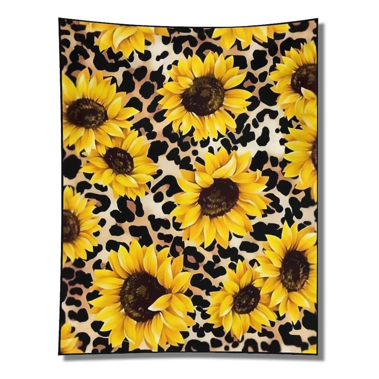 Black White Leopard Print Sunflower Seamless Repeat Pattern Western Country Boho Floral Wall Tapestry Wall Hanging Farmhouse Rustic Dorm Home Decor Backdrop