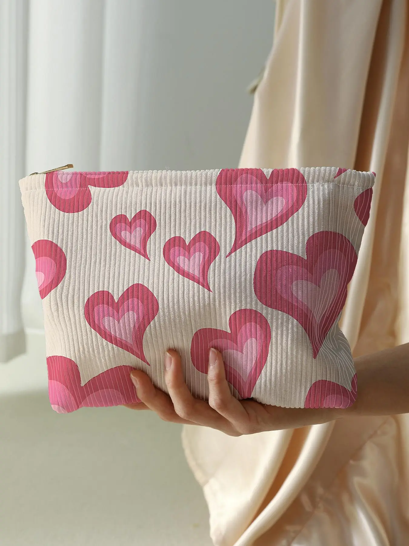 Heart Pattern Corduroy Makeup Bag, Large Capacity Zipper Cosmetic Storage Bag, Toiletry Bag for Women & Girls, Lightweight Multi-functional Bag, Trave