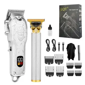 LQT Silver Vintage Beard Engraved 2-in-1 Men's Grooming Kit, Cordless Hair Clipper with LCD Display, Gold T-Blade Trimmer, Complete Rechargeable Barber Set with Guide Combs & Cape for Salon & Home DIY Haircuts, Fades, Edges & Beard Shaping