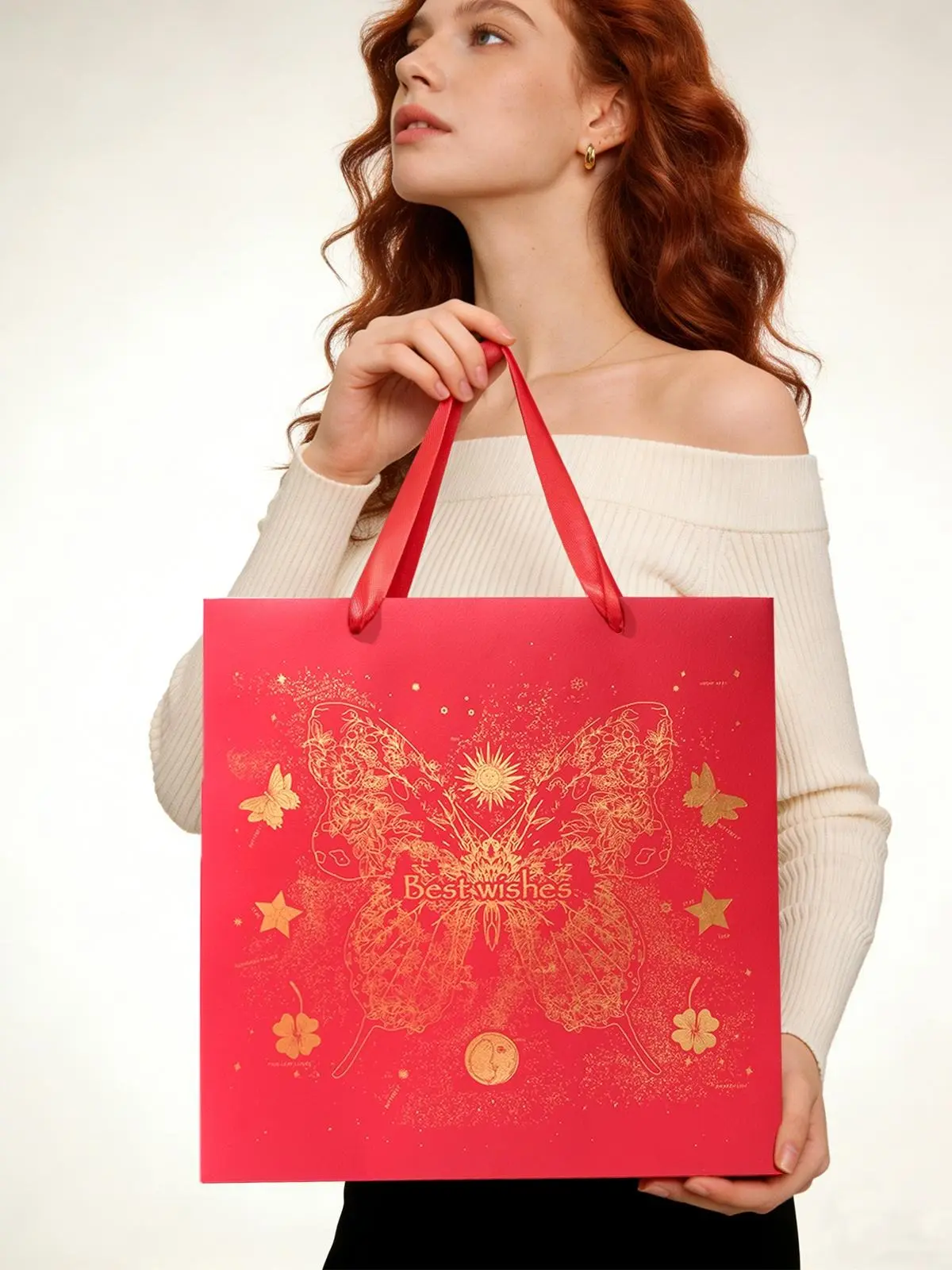Amalee Large Red Party Gift Bag with Handles (13.5x13.5x4.5 in) - Set with Wrapping Paper, Greeting Card for Birthday Gift Ideas, Christmas