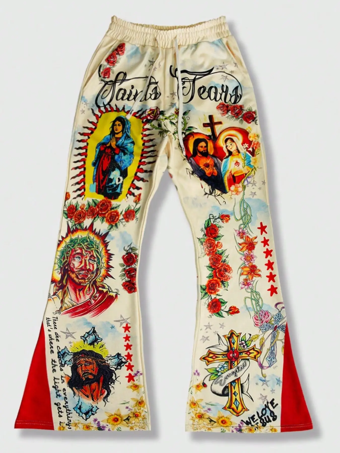 Street Style Vintage Fitted Statement Sweatpants, Saint Tears Religious Print Jesus & Virgin Mary Pattern, Casual Everyday Fashion Unisex Pants for Men and Women