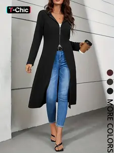 Women's Zipper Hooded Fitted Cut Long Jacket, Elegant Basic Solid Color Long Sleeve Coat, Casual Longline Outerwear, Casual Fashion Womenswear Outerwear for Fall & Winter Seasons