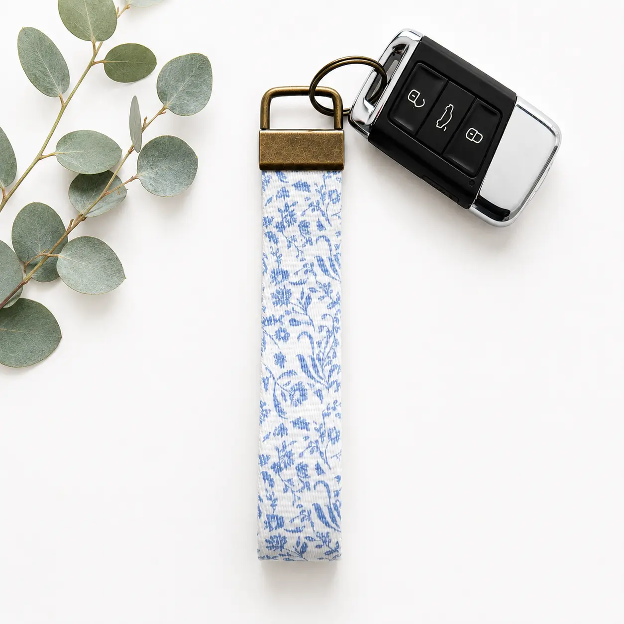 Blue Ditsy Floral Key Fob Wristlet | Antique Brass Hardware