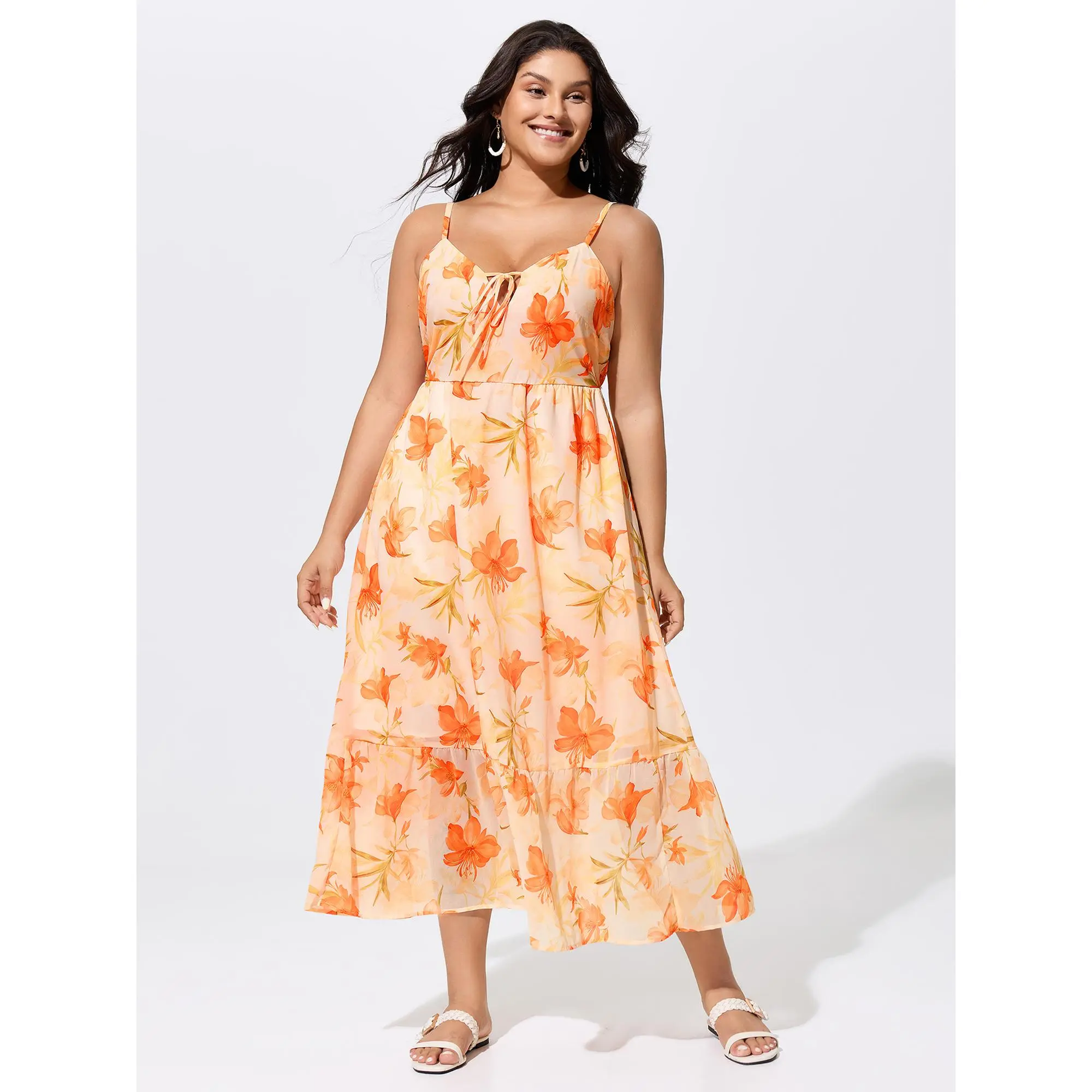 BloomChic Women's Plus Size Floral Resort Maxi Dress, Flowy Sleeveless Summer Casual Wear with a Smocked Waist, Neck Tie, and Pockets, Garment, Resort Wear