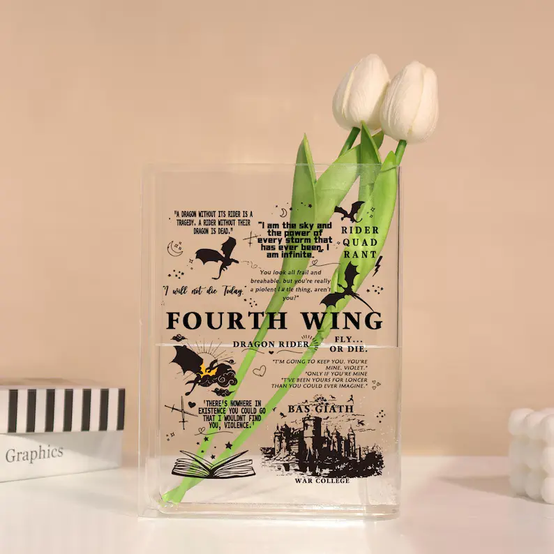 Fourth Wing Dragon Rider Acrylic Book Vase, Fantasy Novel Quote Collage Bookshelf Decor, Bookworm Gift