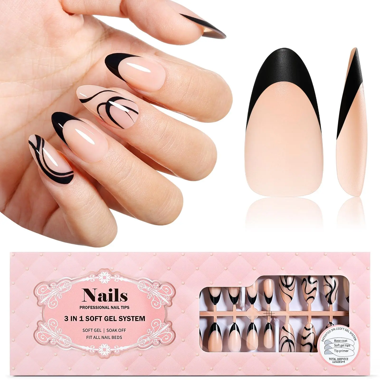 Black Lines Almond Nail Tips