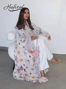Hafizah Floral Print Loose Fit Abaya Outerwear, Elegant Long Cardigan with Headscarf, Middle Eastern Luxury Women's Clothing