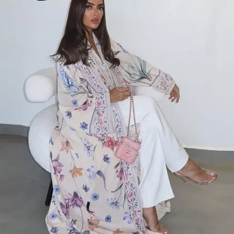 Women's Floral Print Loose-Fit Long Abaya, Elegant All-Season Outerwear, Lightweight Middle Eastern Style Women's Chic Clothing, Elegant Islamic Fashion, Womenswear