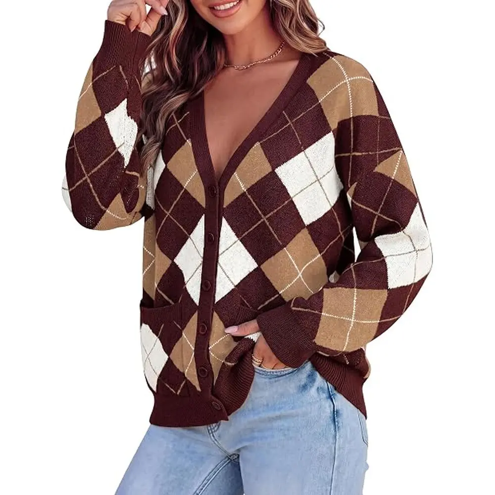 PRETTYGARDEN Women's Cardigan Argyle Winter Sweaters | Cozy Warm Chunky Knit, Long Sleeve V Neck, Color Block Plaid, Button Up Pocket,Trendy Fall Jackets, Holiday Going Out Outfits#SohoChic