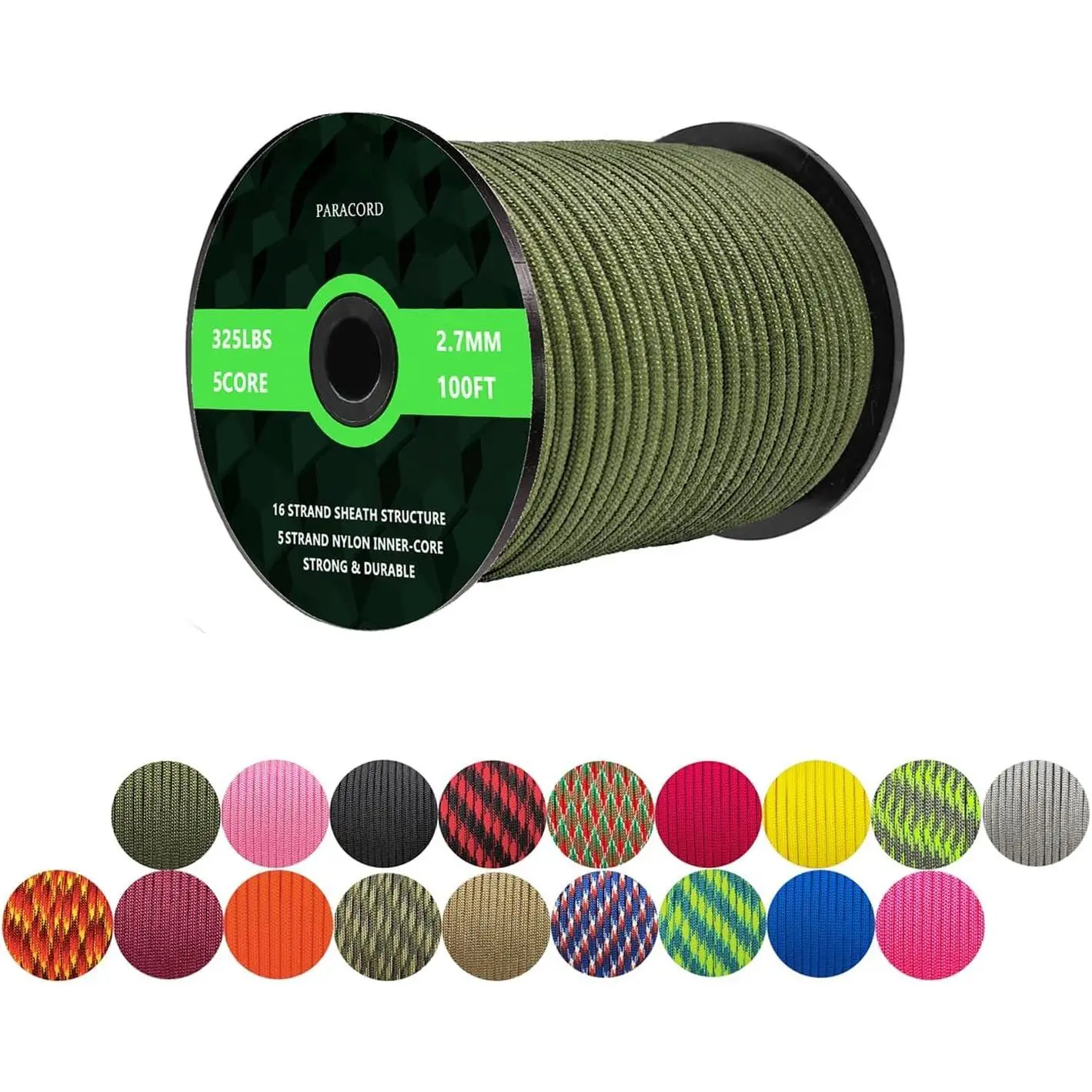 Paracord 325lb Diameter 2.7mm - 5 Strand Parachute Spool Cord - 100ft 200ft,Paracord for Camping,Hiking,Fishing,Outdoor and DIY