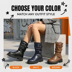 Women's Double Buckle Ruched Ankle Boots, Stylish Y2K Moto Winter Shoe, Womensfashion PU Leather Boots for Women, Low Heel Walking Footwear, Perfect Valentine's Day Gift