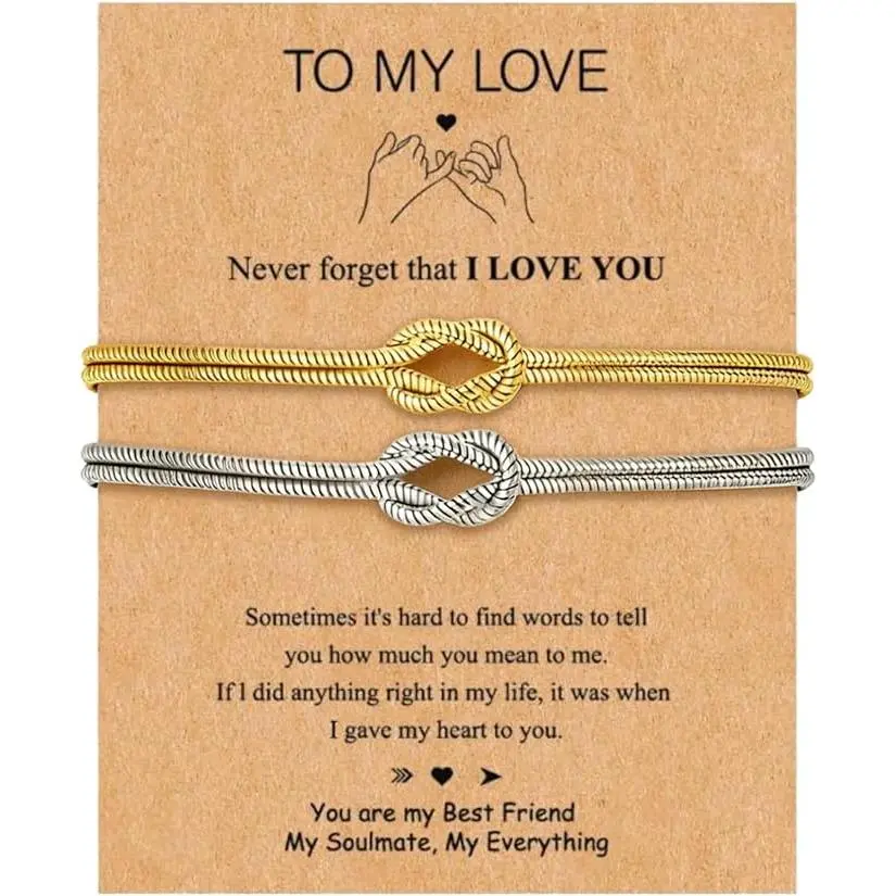 BloomWish S Matching Bracelets for Couples Knot Love Gold Silver Plated Non Tanish Chain Adjustable Permanent Forever Dainty Jewelry Valentine's Day Birthday Christmas Gifts