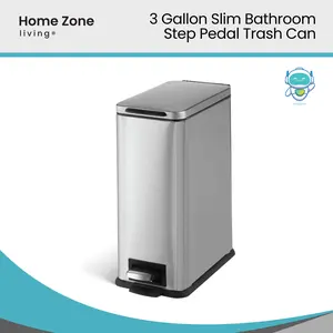 Home Zone Living 3 Gallon Slim Stainless Steel Trash Can with Soft Close Lid and Removable Liner, Silver